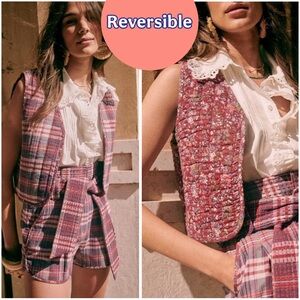SEZANE Pink Red & Blue Plaid & Floral Reversible Quilted Vest Blair Jacket